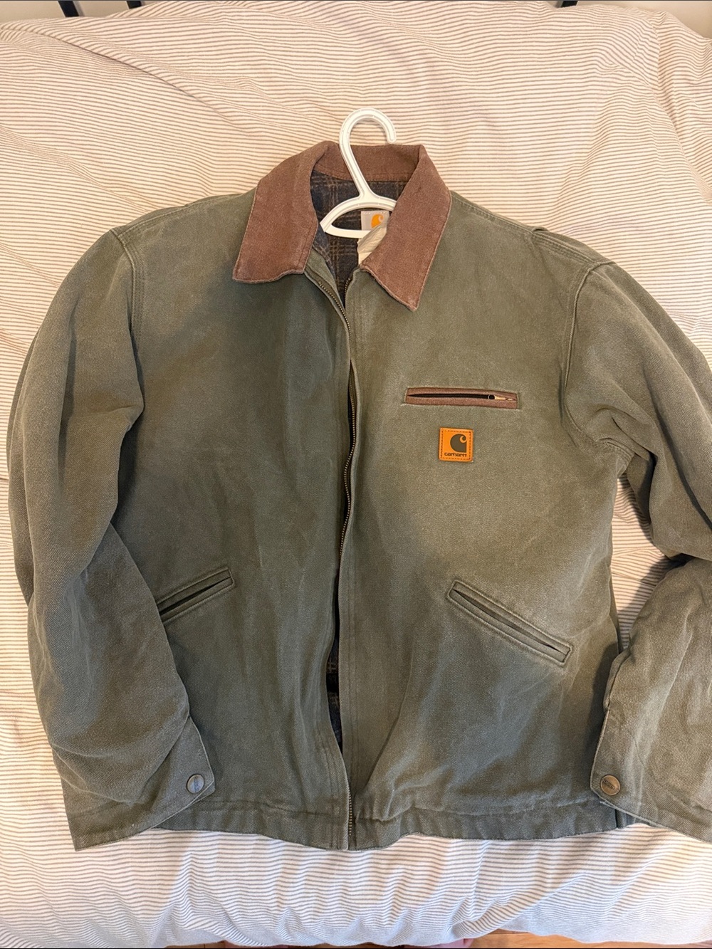 Carhartt Olive Green Duck Canvas Jacket with Brown Cord Collar